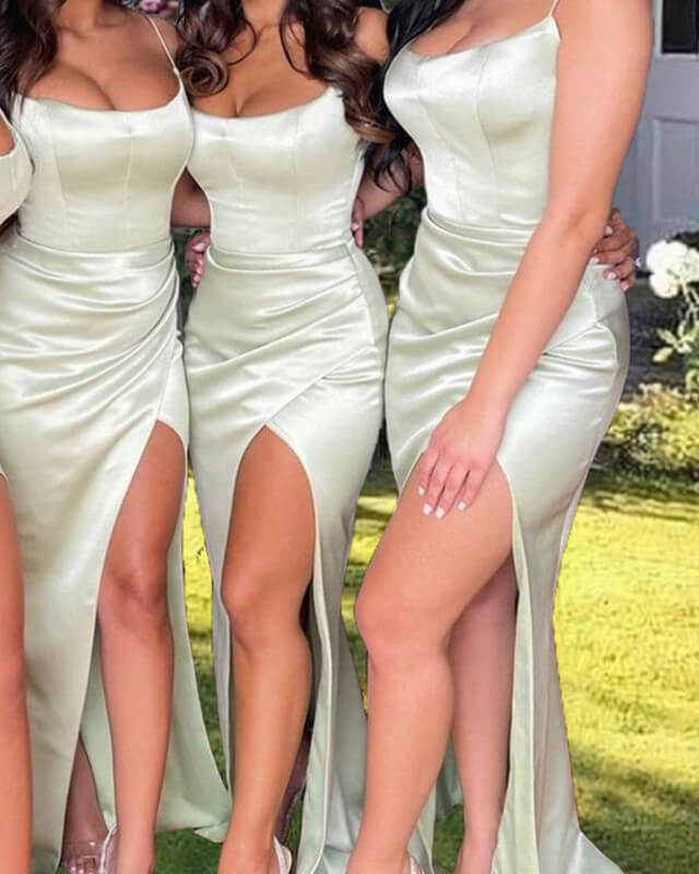 Mermaid Light Sage Satin Slit Dress