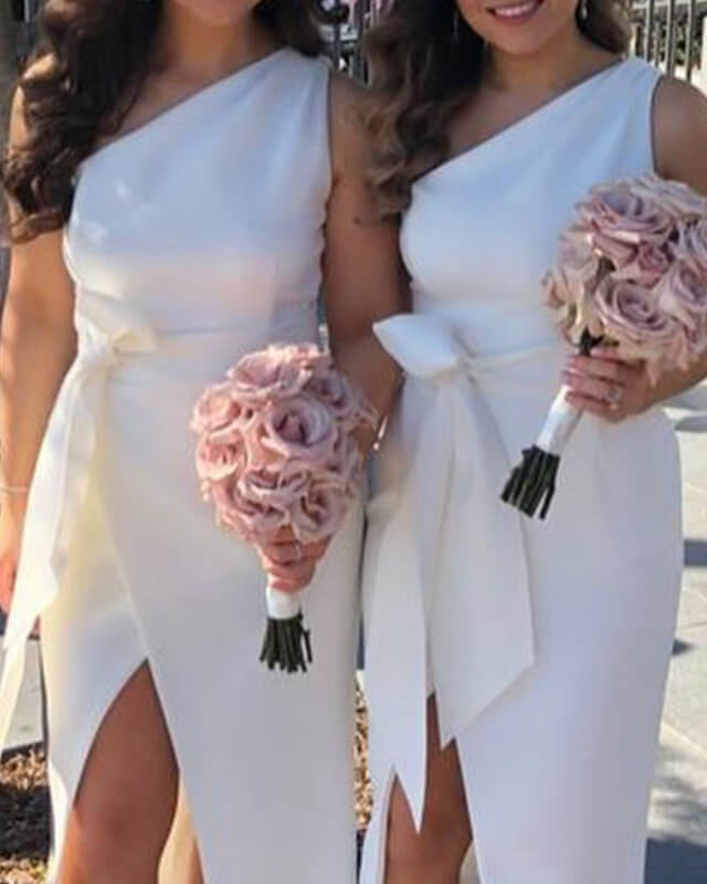 One Shoulder Bow Sashes Split Satin Dress