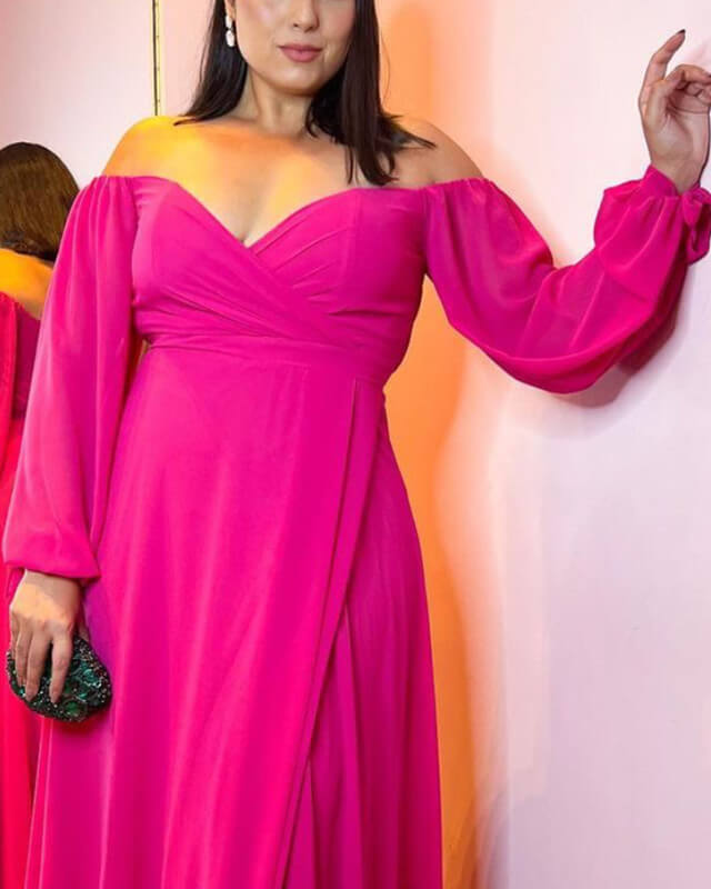 Hot Pink Chiffon Off Shoulder Bridesmaid Dress