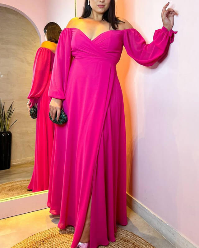 Hot Pink Chiffon Off Shoulder Bridesmaid Dress