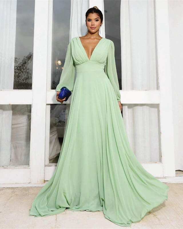 Long Sleeve Chiffon V-neck Dress – Lisposa - Main Image