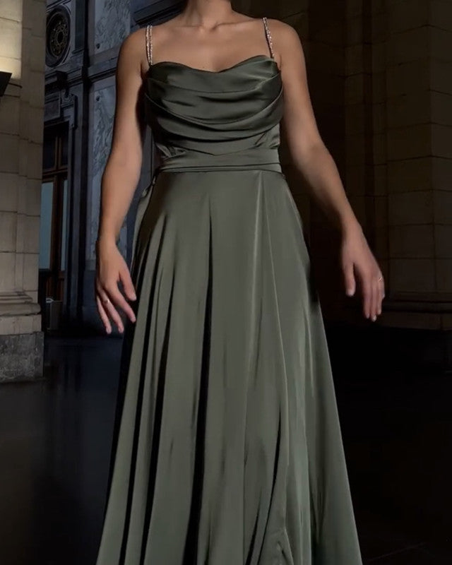 Olive Green Satin Cowl Neck Dress