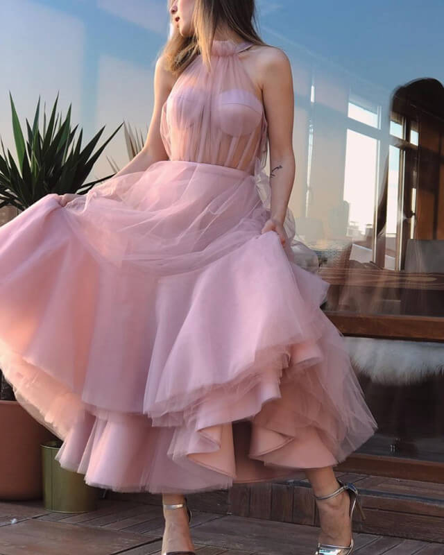 Halter A-line Tulle Midi Dress