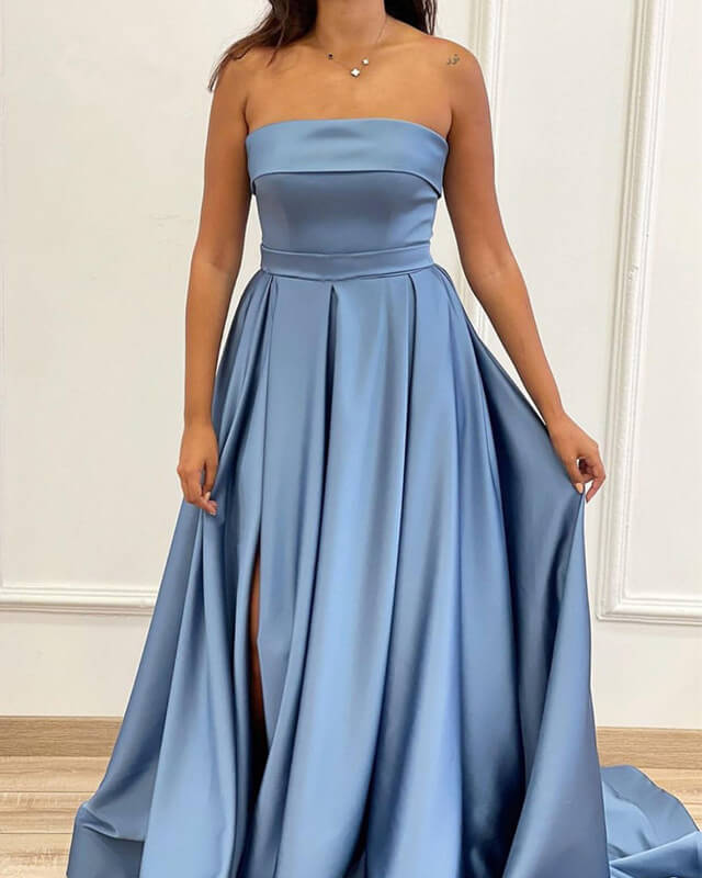 Long Dusty Blue Satin Strapless Split Dress Lisposa Long Dusty Blue Satin Strapless Split Dress Lisposa
