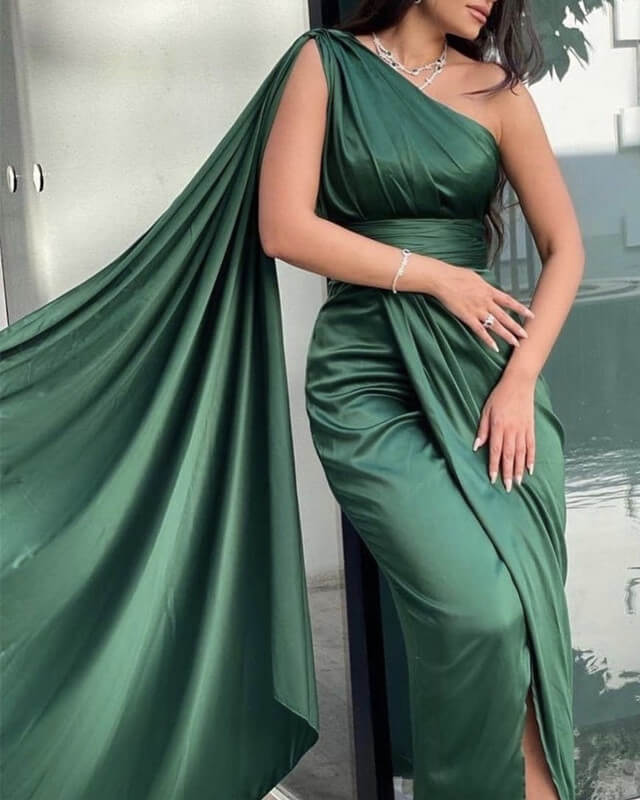 Sheath Satin One Shoulder Split Dress
