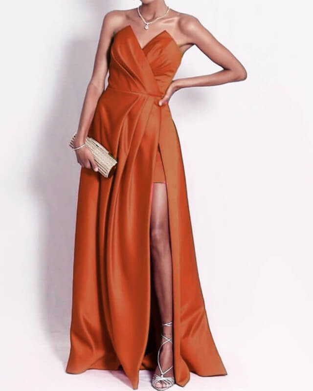 Rust Orange Satin Bridesmaid Dresses Strapless High Slit Lisposa Rust Orange Satin Bridesmaid Dresses Strapless High Slit Lisposa