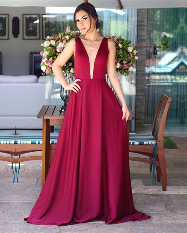 Plunge Neck Satin Bridesmaid Dresses Long Backless