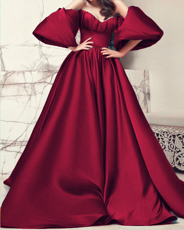 Burgundy Puffy Sleeves Prom Dresses Satin – Lisposa