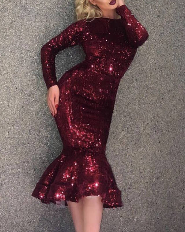 Burgundy Sequin Tea Length Bridesmaid Dresses Long Sleeve