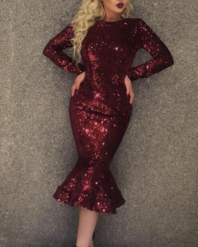 Burgundy Sequin Tea Length Bridesmaid Dresses Long Sleeve Lisposa Burgundy Sequin Tea Length Bridesmaid Dresses Long Sleeve Lisposa