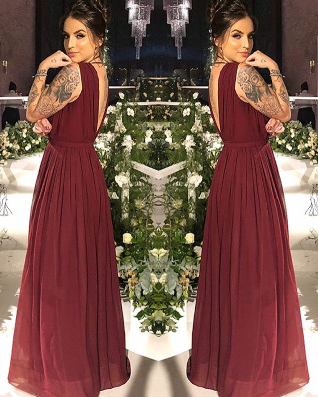 Pleated V Neck Chiffon Bridesmaid Dresses Floor Length