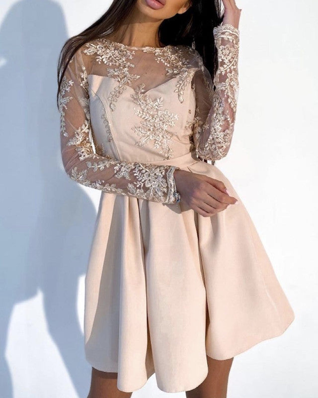 Short Champagne Dresses Lace Long Sleeves Lisposa Short Champagne Dresses Lace Long Sleeves Lisposa
