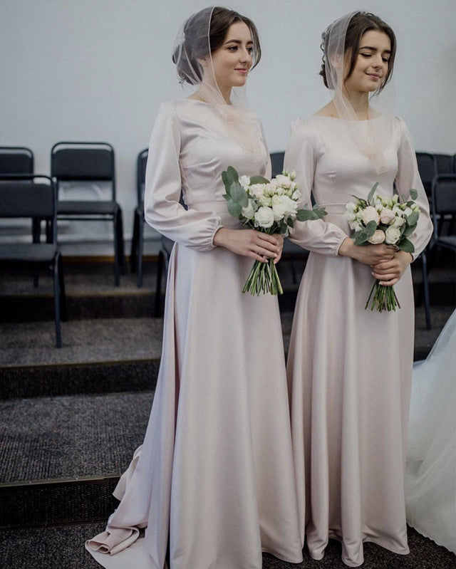 Modest Champagne Bridesmaid Dresses Long Sleeves