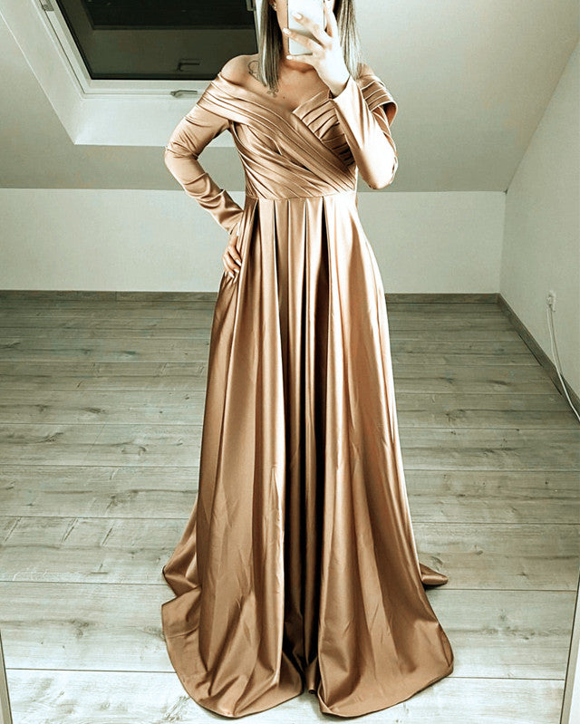 Champagne Bridesmaid Dresses Long Sleeves Satin Off The Shoulder Lisposa Champagne Bridesmaid Dresses Long Sleeves Satin Off The Shoulder Lisposa