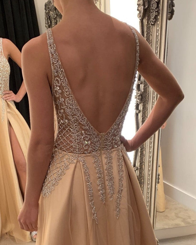 Long Champagne Prom Dresses Beaded V Neck Split