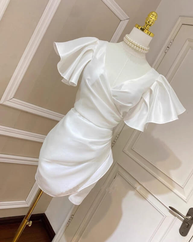 White V-neck Sheath Satin Flutter Sleeve Dress
