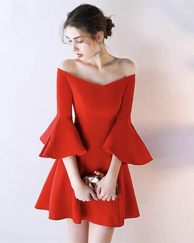Short Belle Sleeve Satin Dress Off Shoulder