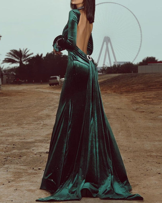 Mermaid Velvet Long Sleeves Open Back Formal Dress – Lisposa