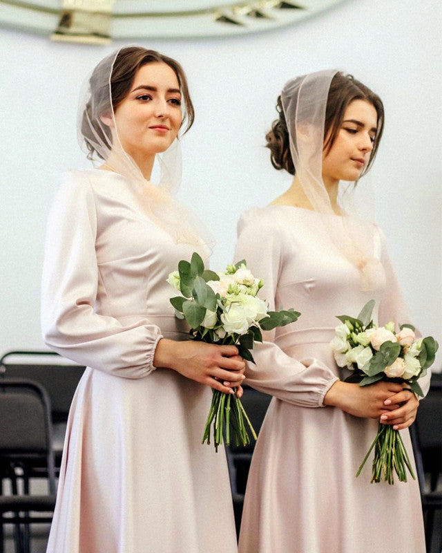 Modest Champagne Bridesmaid Dresses Long Sleeves