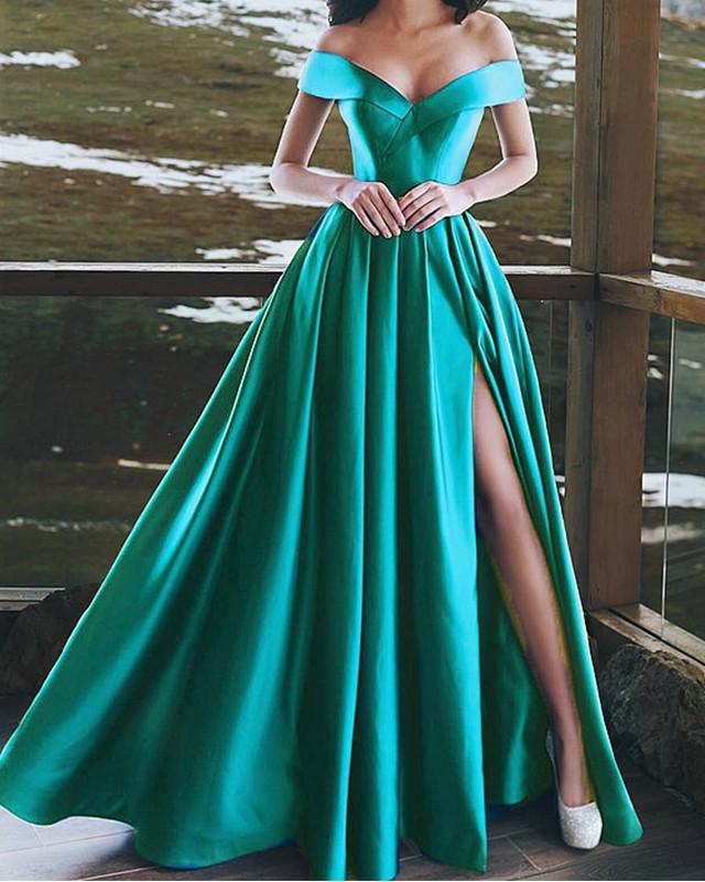 Satin Bridesmaid Dresses Leg Split Off Shoulder Lisposa Satin Bridesmaid Dresses Leg Split Off Shoulder Lisposa