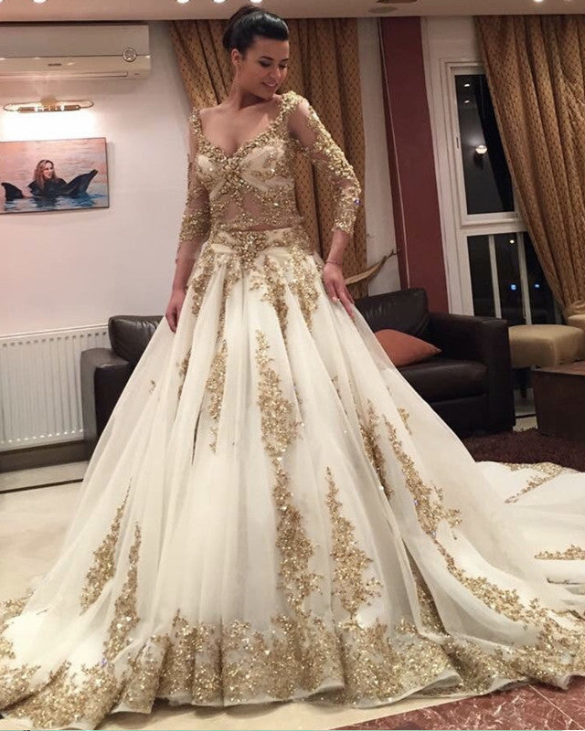 Gold Lace Appliques Wedding Dress Two Piece Ball Gown – Lisposa