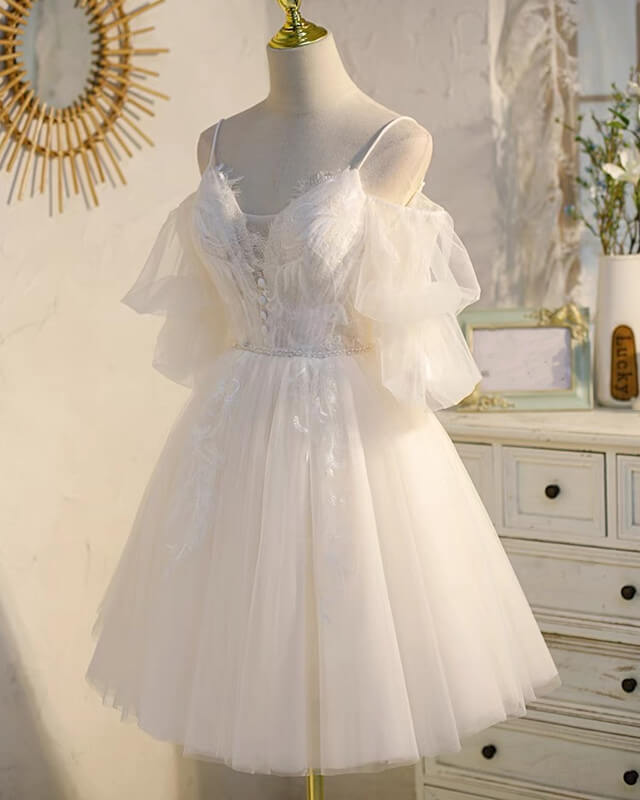 White Tulle V Neck Applique Dress
