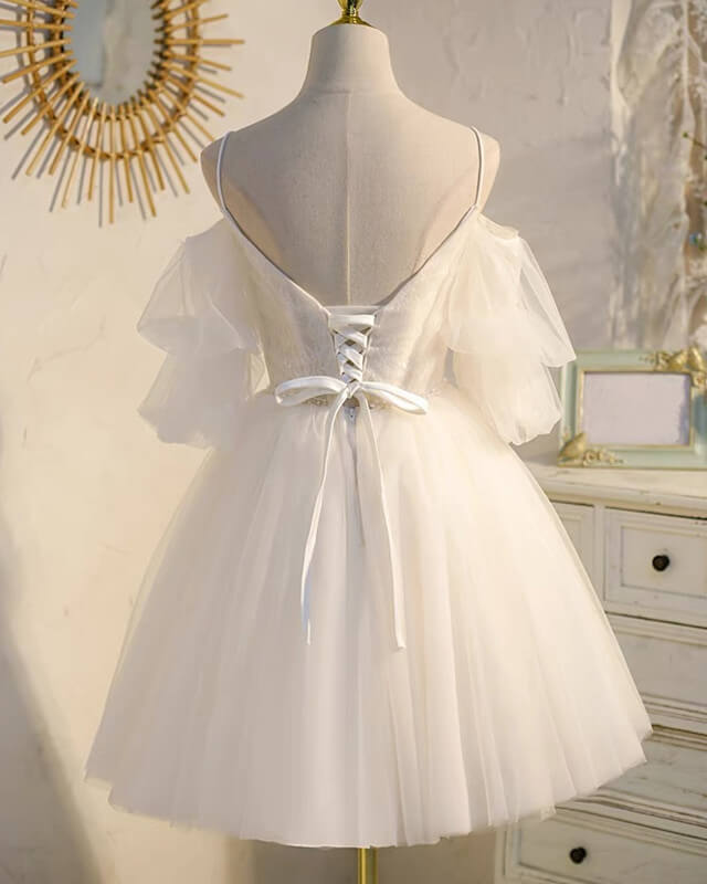 White Tulle V Neck Applique Dress