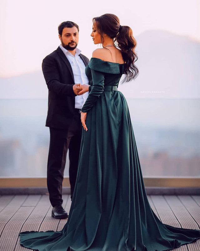 Hunter Green Mermaid Satin Dresses Off Shoulder