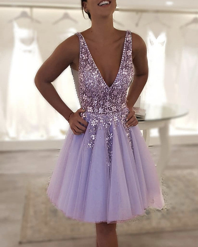 Pastel Purple Hoco Dress Beaded Homecoming Dresses Tulle V Neck Lisposa Pastel Purple Hoco Dress Beaded Homecoming Dresses Tulle V Neck Lisposa