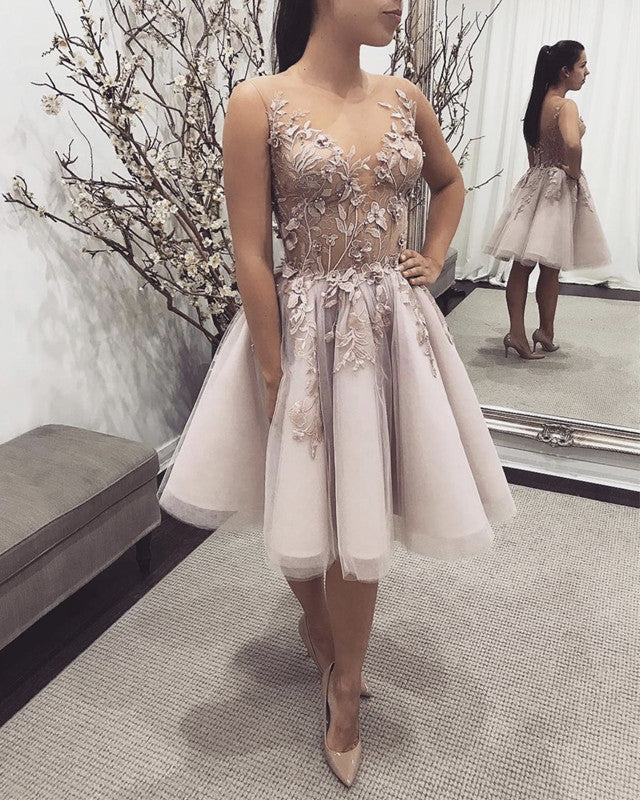 Sheer Neck Homecoming Dress Lace Embroidery