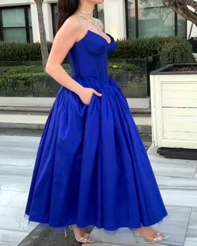 Royal Blue Strapless Corset Satin Midi Ball Gown – Lisposa