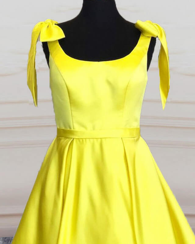 Short Yellow Satin Bow Shoulder Homecoming Dresses