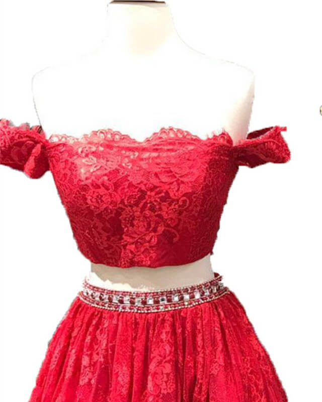 Two Piece Red Lace Homecoming Dresses