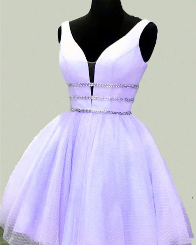 Short Blush Tulle Plunge Neck Homecoming Dresses