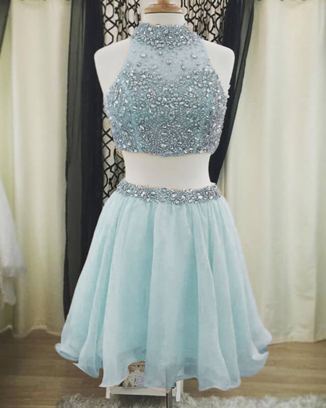 Light Blue Two Piece Homecoming Dresses Beaded Halter Lisposa Light Blue Two Piece Homecoming Dresses Beaded Halter Lisposa