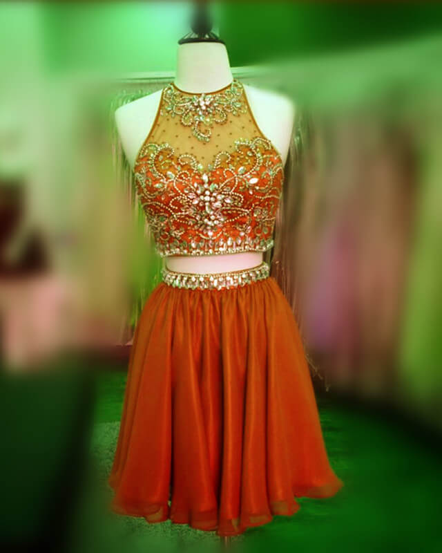 Short Green Two Piece Chiffon Homecoming Dresses Beaded