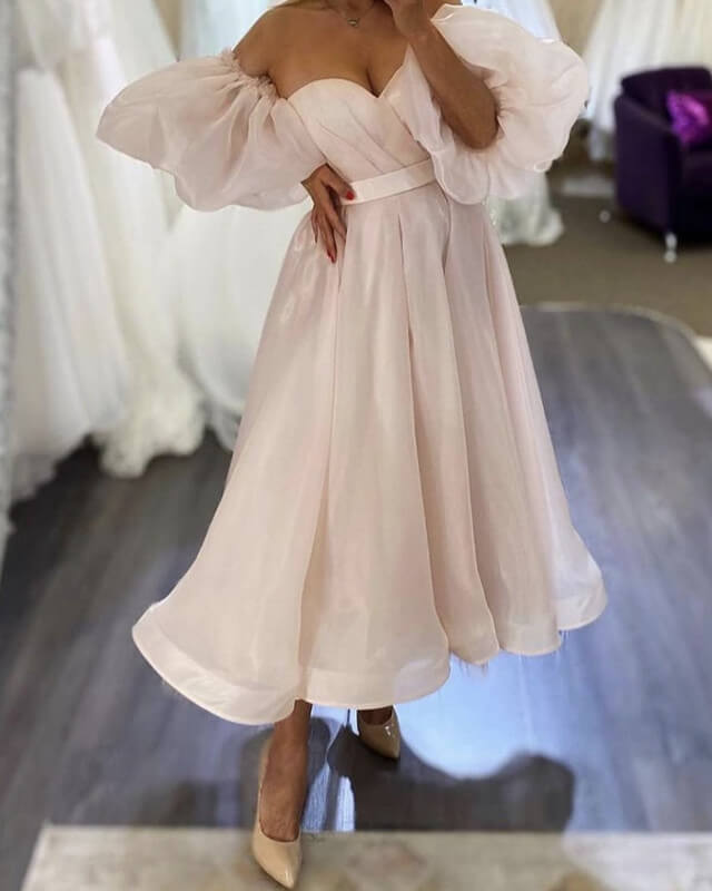 Puffy Sleeves Pink Tulle Midi Dresses