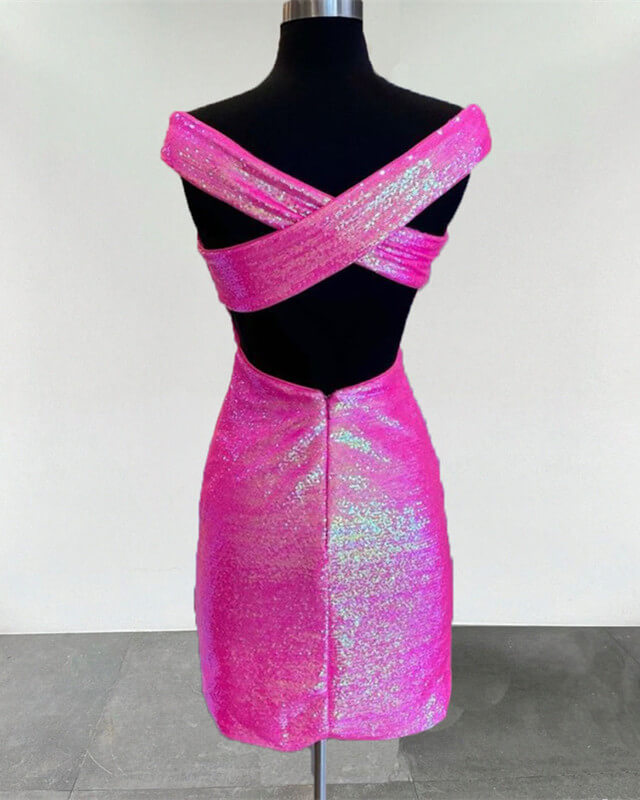 Short Neon Pink Tight Sequin Homecoming Dresses