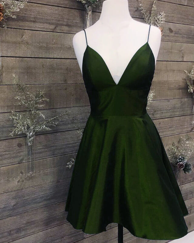 Short Silve Green Satin V-neck Dress Lisposa Short Silve Green Satin V-neck Dress Lisposa