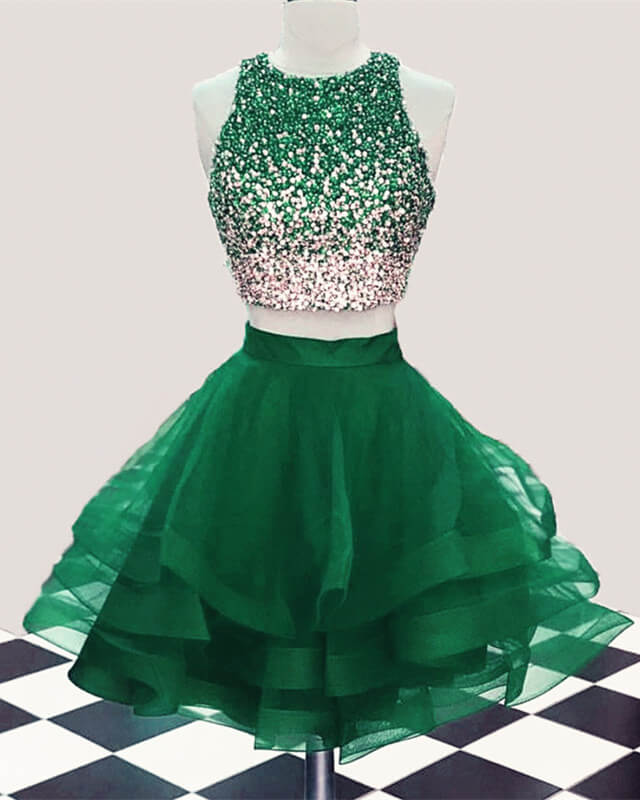 Short Green Two Piece Homecoming Dresses Beaded Ruffles – Lisposa