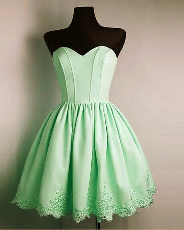 Short Light Green Satin Homecoming Dresses Lace Edge Lisposa Short Light Green Satin Homecoming Dresses Lace Edge Lisposa