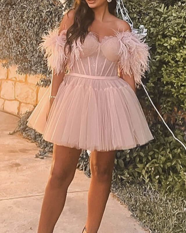 Short Pink Corset Tulle Homecoming Dresses With Feather