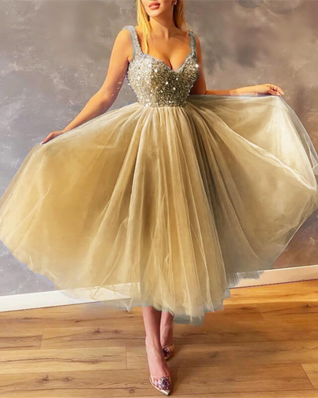 Mint Green Tulle Sequin Beaded Sweetheart Midi Dress