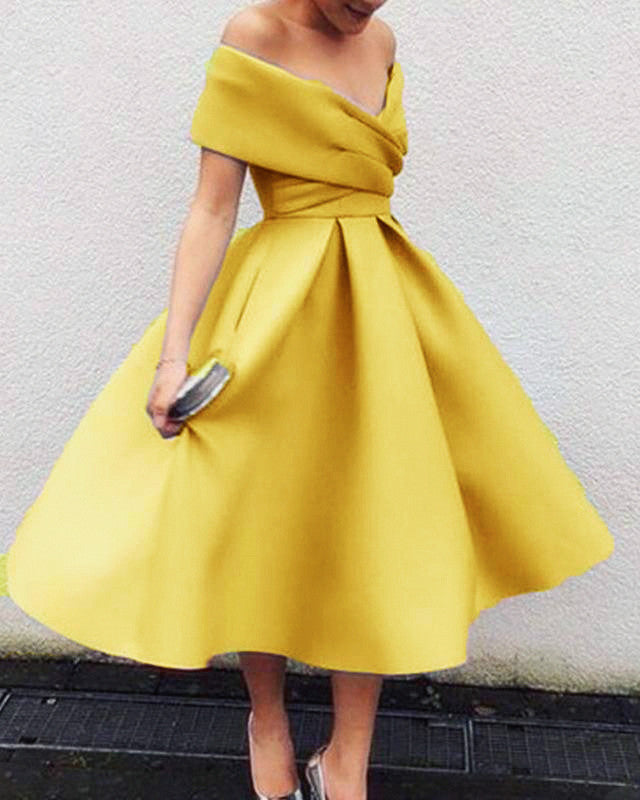 Yellow Tea Length Off The Shoulder Dress – Lisposa