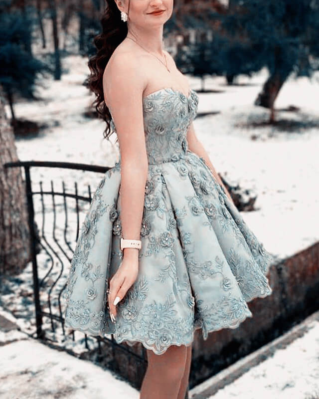 Silver Strapless Lace Homecoming Dress