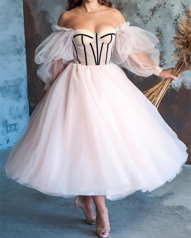 Beige Tulle Midi Corset Ball Gown With Puffy Sleeve Lisposa Beige Tulle Midi Corset Ball Gown With Puffy Sleeve Lisposa
