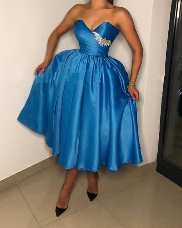 Dark Blue Satin Strapless Tea Length Dress Lisposa Dark Blue Satin Strapless Tea Length Dress Lisposa