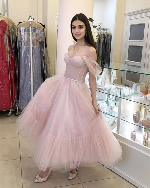 Pink Tulle Off-the-shoulder Midi Dress