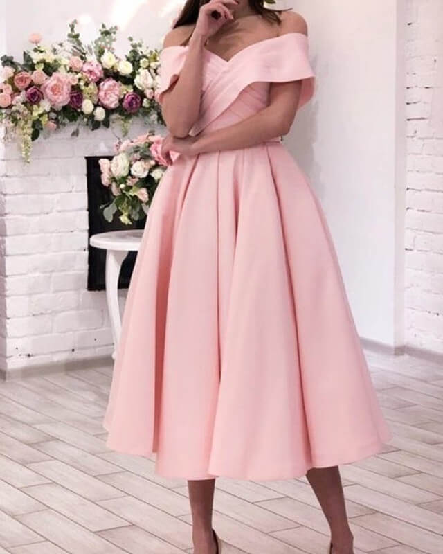 Pink Tea Length Satin Dress Off-the-shoulder Lisposa Pink Tea Length Satin Dress Off-the-shoulder Lisposa