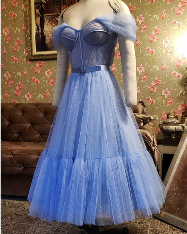 Off The Shoulder Blue Tulle Corset Midi Dress Lisposa Off The Shoulder Blue Tulle Corset Midi Dress Lisposa